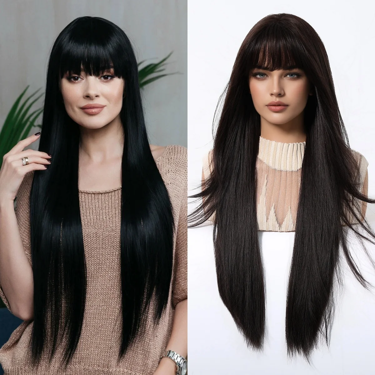 

HENRY MARGU Long Straight Natural Black Synthetic Wig with Bangs Layered Black Wigs for Women Party Cosplay Use Fake Hair