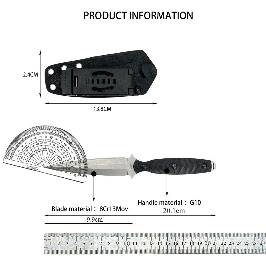 TOOR couteau droit tactique de niveau professionnel avec lame en acier 8Cr13Mov et manche G10 couteau à outils d'urgence pour la coupe
