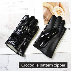 New Touch Screen Sheepskin Gloves Women Crocodile Grain Leather High Shine Fashion Zipper Black Short Wool Lining Driving