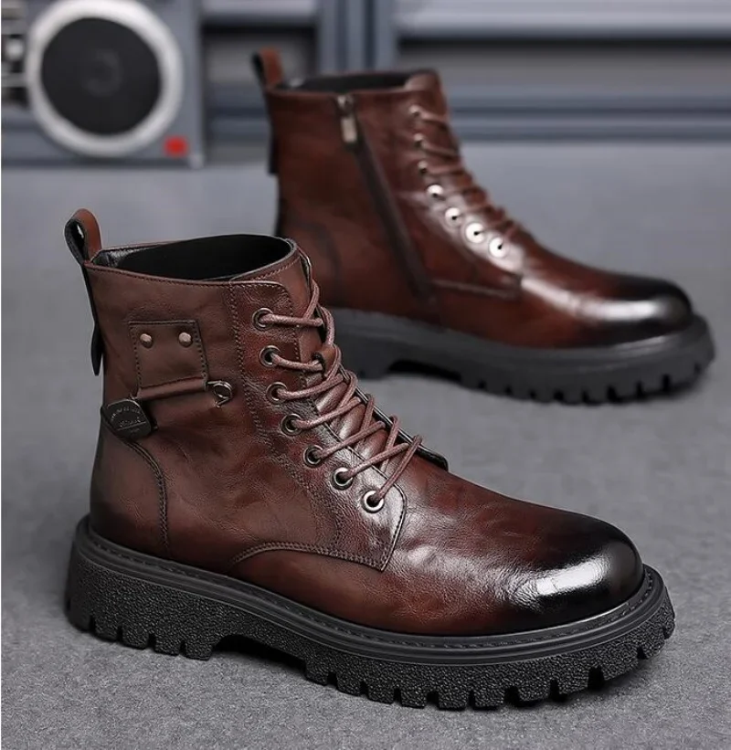 New High Quality Designer Vintage Microfiber  Leather Men Snow Boots Business Leather Men Boots Lace Up Outdoor Motorcycle Boots