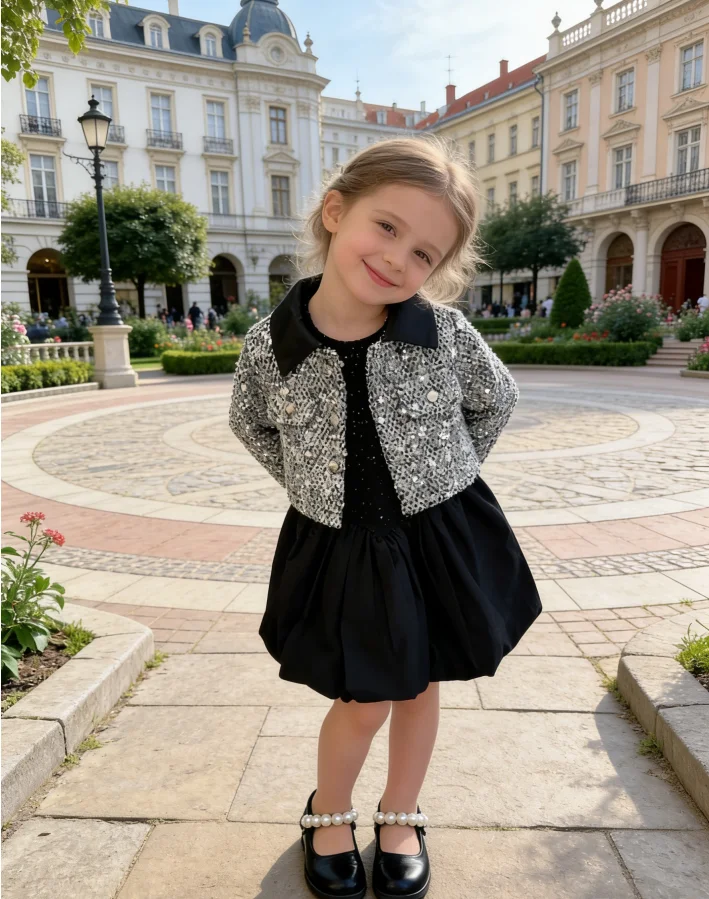 

2026 New Spring and Autumn Girls Two Piece Sets Cotton Coat Dress Turn-down Collar Sequin Fashion Soft Outwear Simple