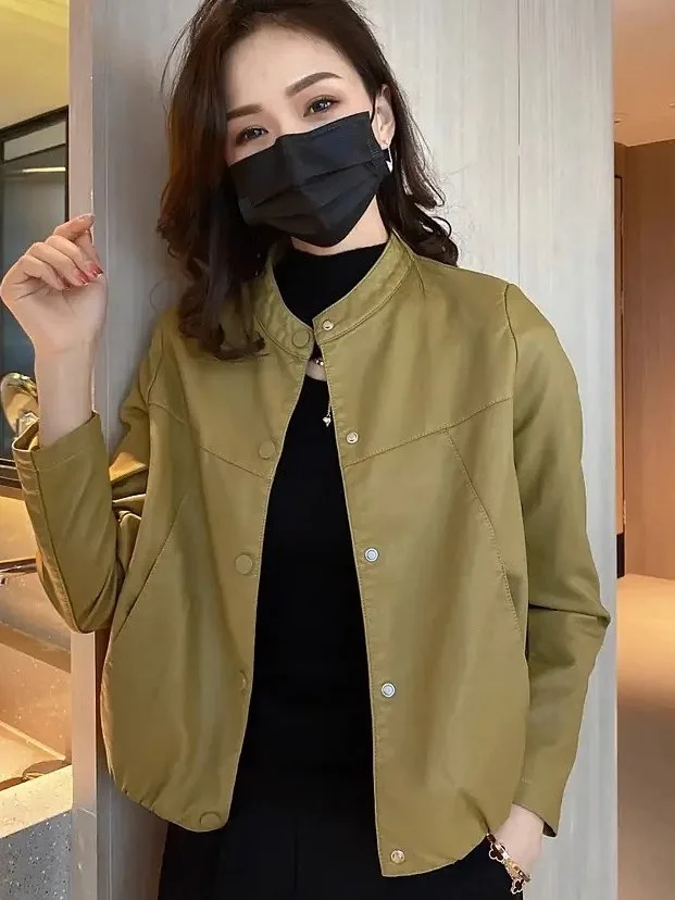 ort Lose Damen-Jaset-Mantel aus Leder, kleiner Biker-Mantel, lässig, mit Knöpfen verziert, Taille, PU-Leder, lang, Sve, rund, Ne
