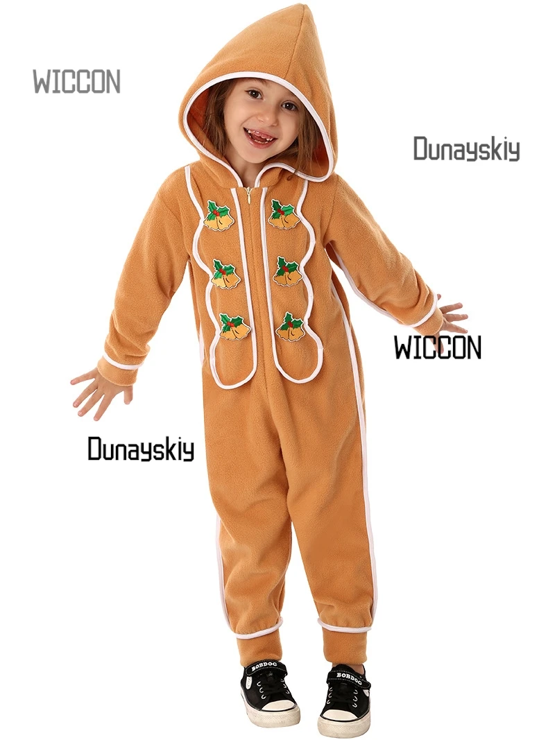 

2025 Gingerbread Man Costume - Onesie with Icing Details, Christmas & Halloween PJs for Party Performance