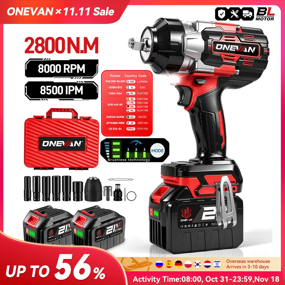 ONEVAN 2800N.M 브러시리스 전기 임팩트 렌치 1/2인치 무선 토크 렌치 드릴 파워툴 (마키타 18V 배터리 핀용)
