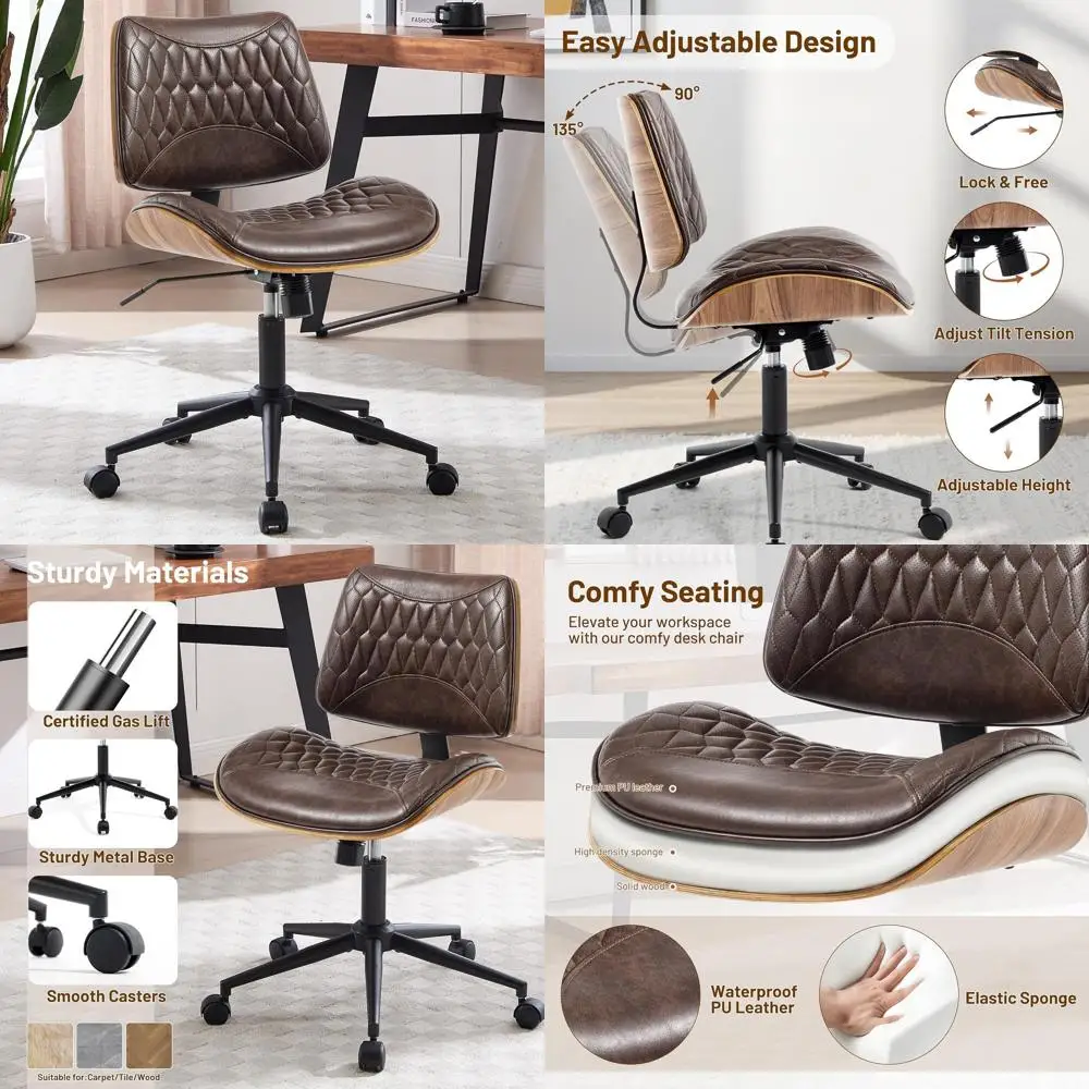 

Современное кресло без подлокотников с регулировкой высоты, каркасом из орехового дерева и сиденьем из искусственной кожи для домашнего офиса или кабинета