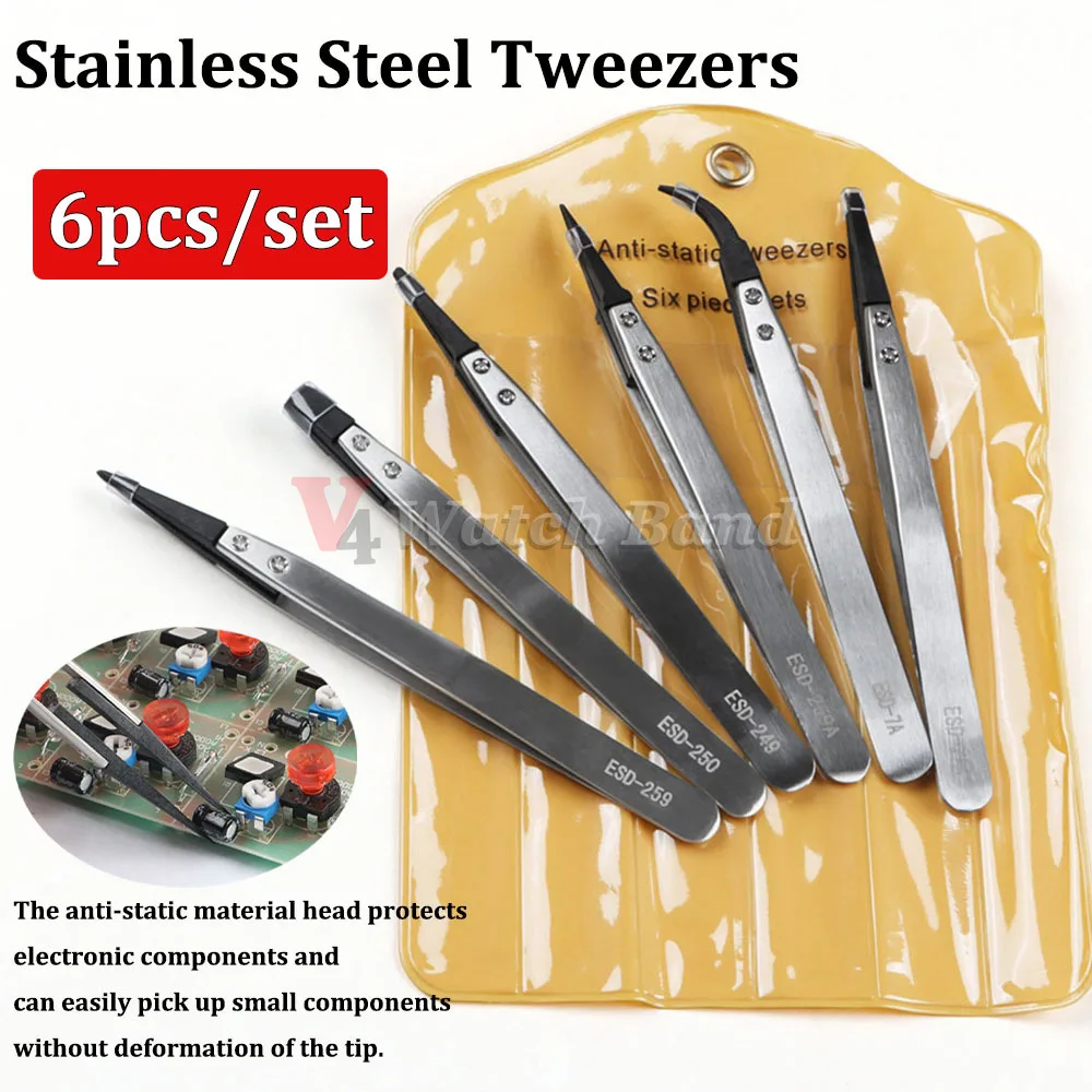 6pcs/set Watch Hands Installation Work Stainless Steel Tweezers Straight Elbow Handle Antistatic Plastic Tweezers ESD-259 ESD-7A