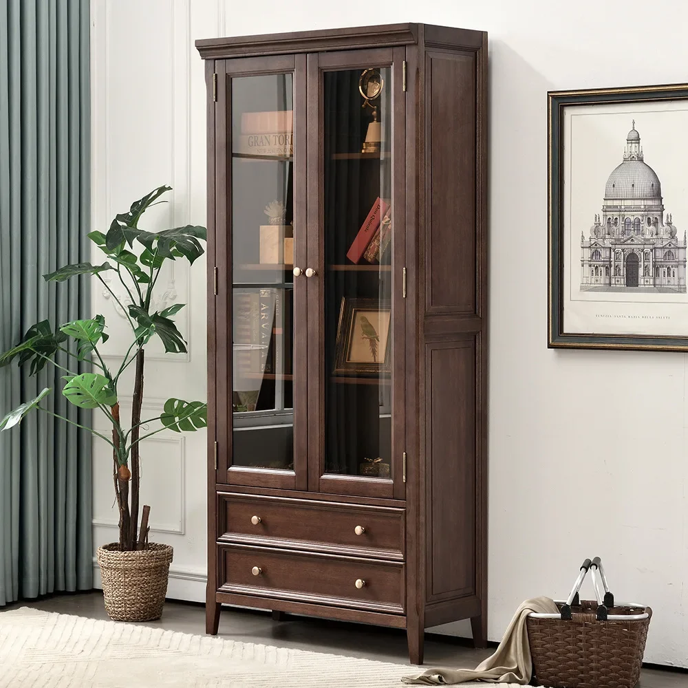 American solid wood bookcase, living room against the wall, two-door wine cabinet, small apartment study with glass door
