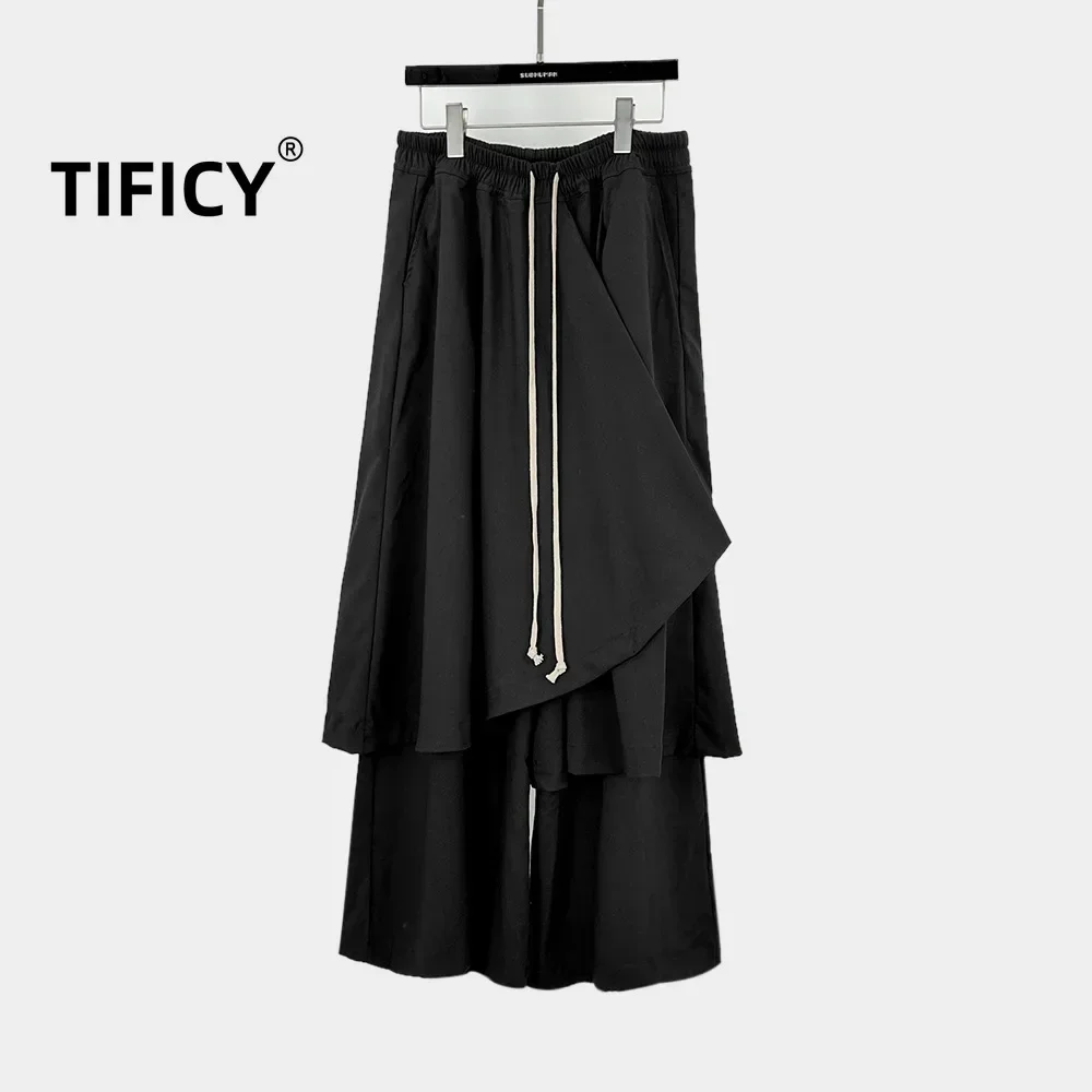 TIFICY High Street Cotton Men's Autumn and Winter Japanese Yamamoto Style Irregular Apron Black Long Casual Drawstring Pants