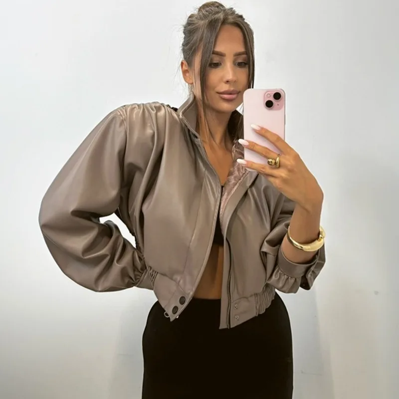 Talenza Giacca in pelle da donna vintage Autunno New Fashion Streetwear Giacca corta con cerniera Colletto alla coreana di lusso Capispalla femminile
