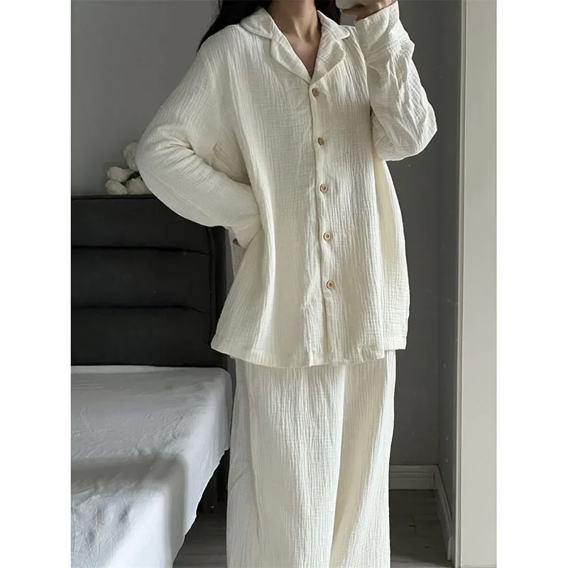 Korean Sleepwear Women Pajama Sets Solid Color Piiama Ruffles Pants Sets for Women 2 Pieces Autumn Night Wears Button Home Suit