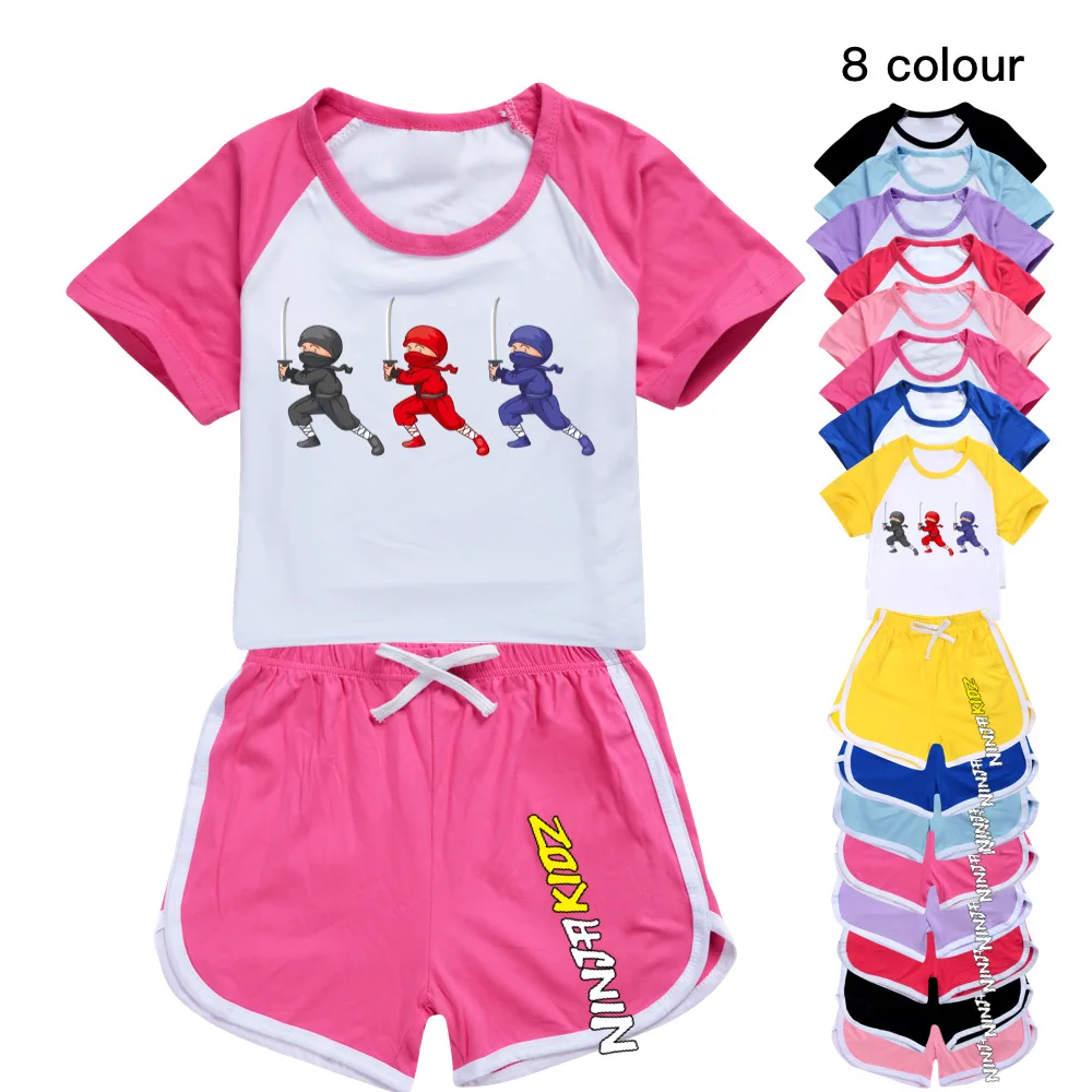 NINJA KIDZ Children Short-Sleeved Pajamas Set Summer Boys Girls Cartoon Casual Cotton Tshirt Top+Pants Sports Outfits image 2