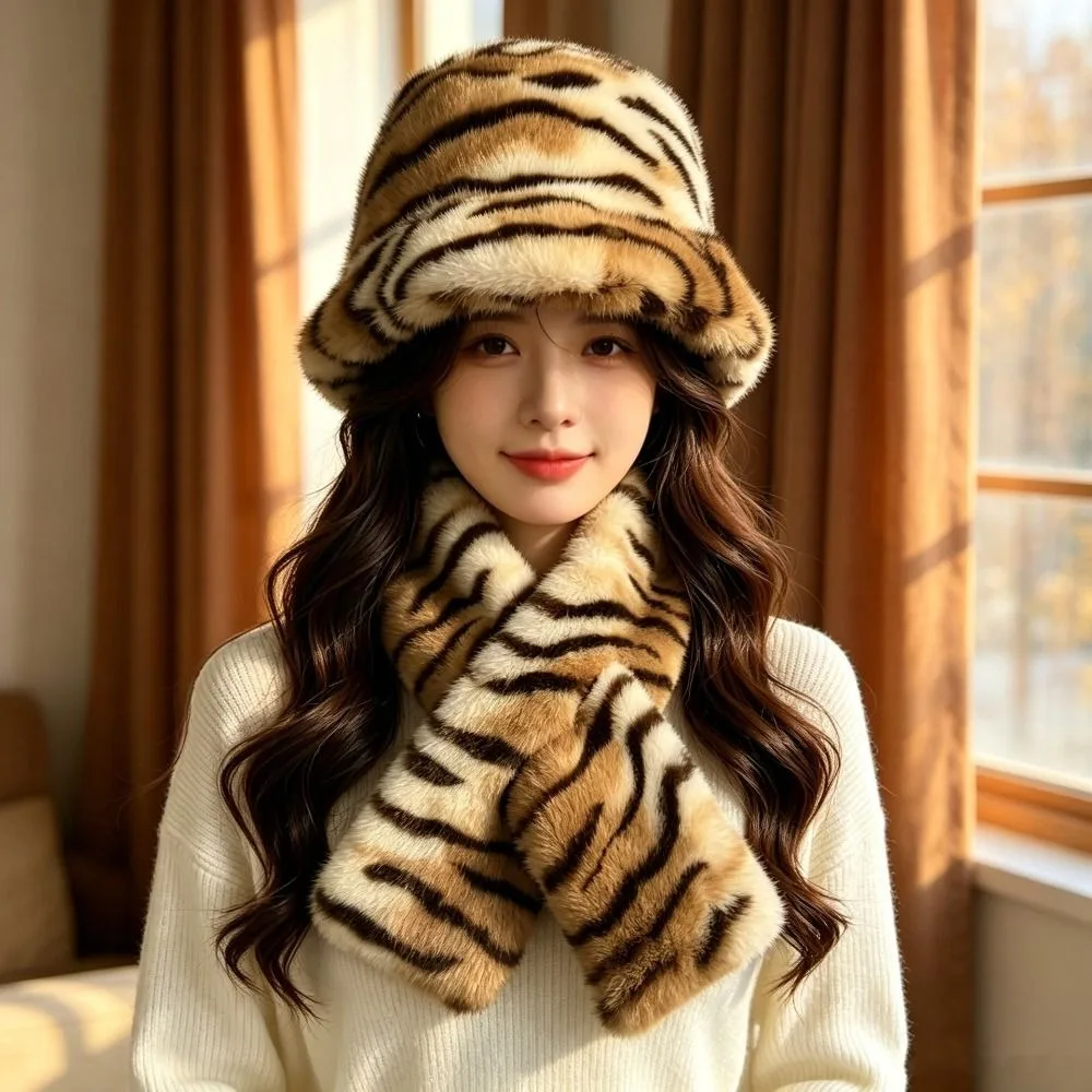 Thick Warm Faux Fur Hat Soft Fluffy Faux Mink Fur Cross-tie Scarf Comfortable Fit Washable Mink Fur Bucket Cap Outdoor Travel