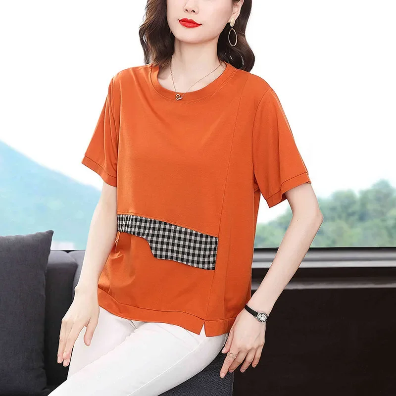 Casual Mature Plus Size Women T Shirt Plaid Patchwork Short Sleeve Loose Hide Belly Summer Daily Tops S-5XL