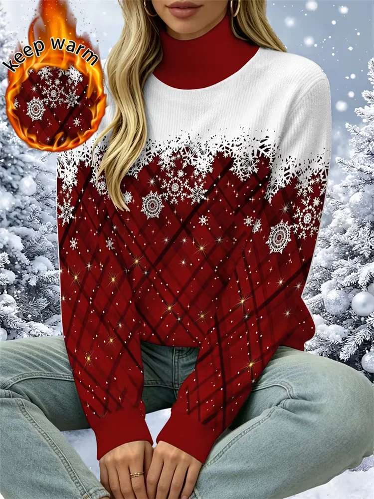 2026 Autumn Winter Blouses Women's Turtleneck Knitted Tops Casual Christmas Tree Snowflake Print Long Sleeve Shirts Festive Tops