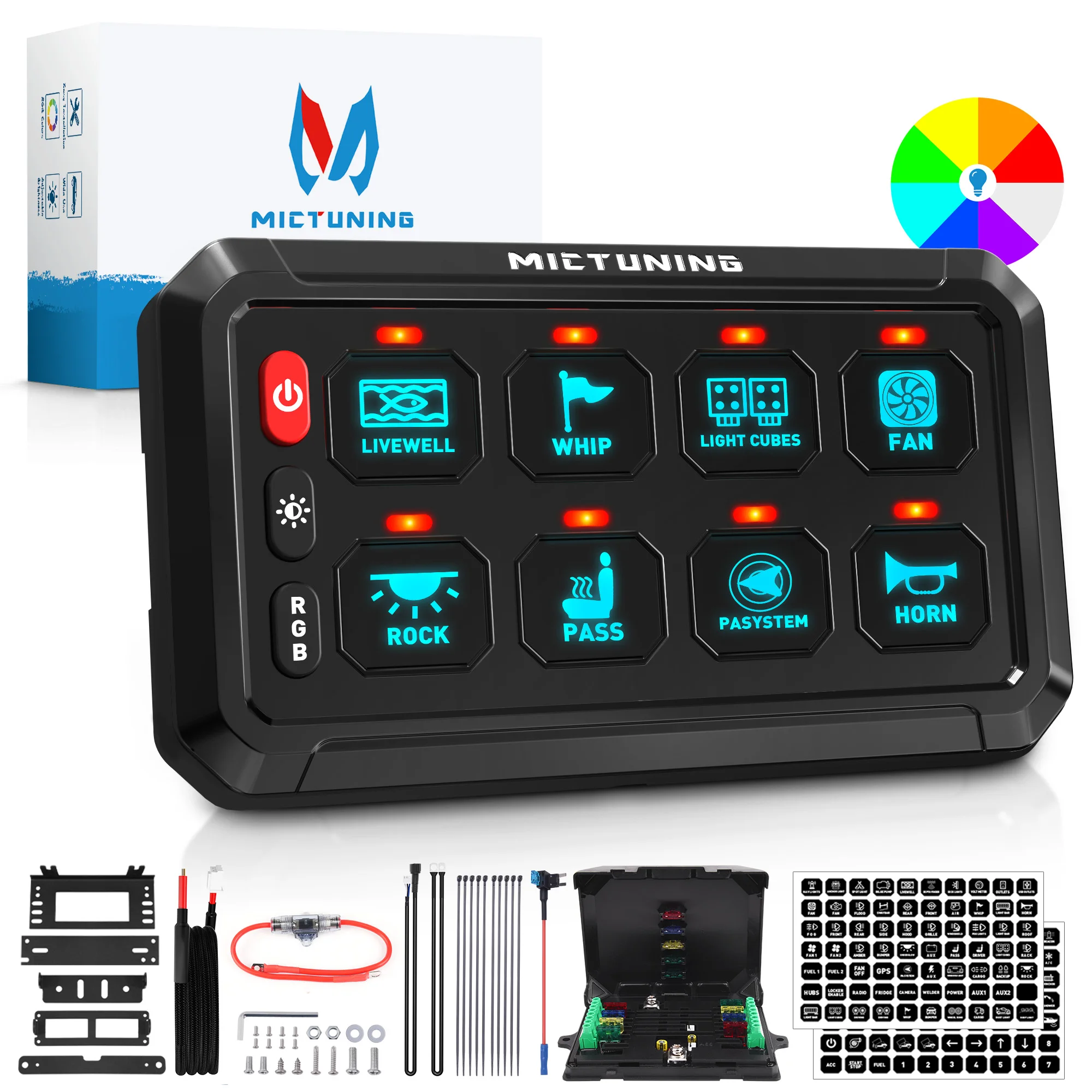 12V-24V  RGB 8 Gang Switch Panel 720W-1440W 5-Level Brightness Circuit Control Relay System Box for Truck RV Offroad Marine