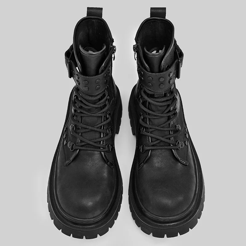 High Quality Black Punk Combat Boots Men Gothic Style Lace-Up Mid-Calf Boots with Studded Buckle Thick Platform Motorcycle Boots