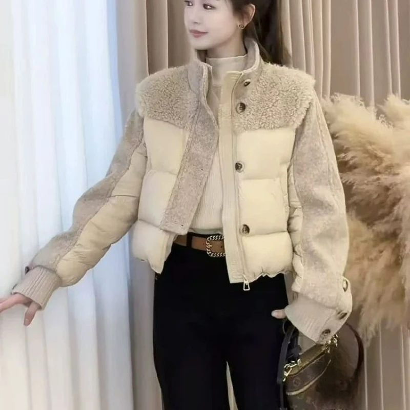 European American Style Fashionable Stand-up Collar Lambskin Patchwork Down Jacket for Women 2026 Winter Fashion Short Warm Coat