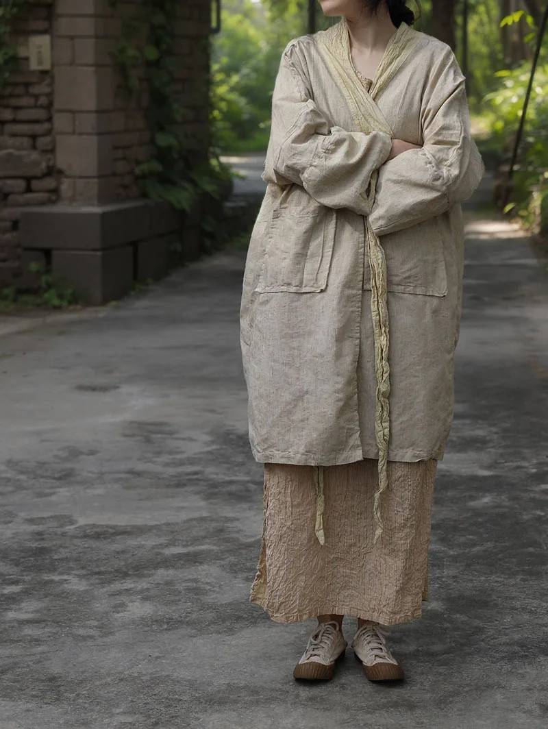 New Chinese Style Women's Jacket Loose Cotton Linen Belted Simple Design V-Neck Long Sleeve Mid-Length Coat Autumn Wear