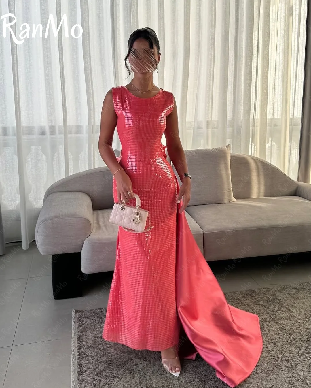 Ranmo Элегантные розовые вечерние платья русалки 2025 с блестками и кружевными цветами Вечерние платья с пятнистым хвостом на заказ فساتين условия