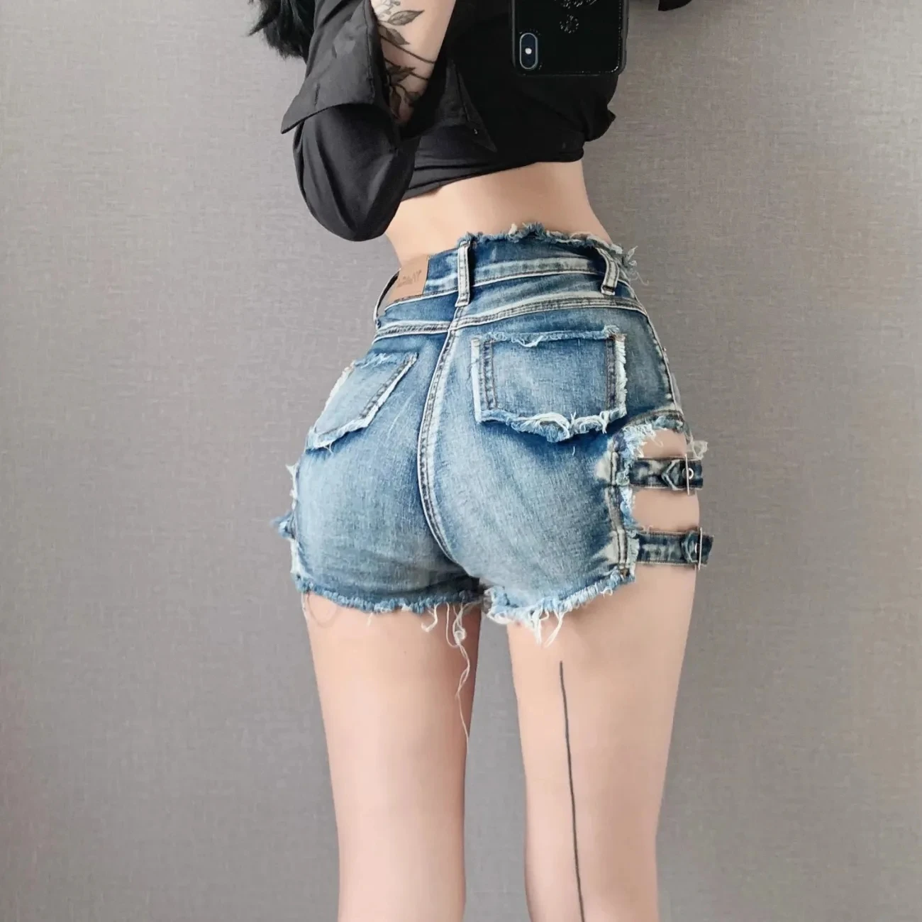 Summer New American Sexy Pure Desire Style Spicy Girl Elastic Tight Hollow Tassel Design Feeling Cowboy Shorts for Women