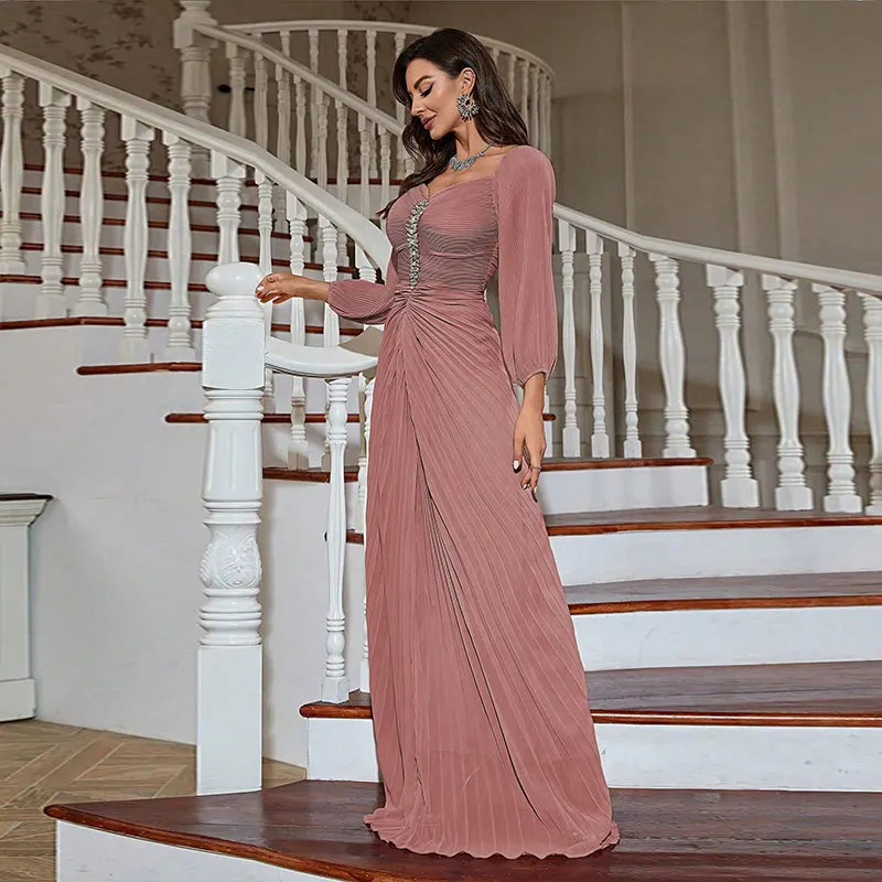 UNI Fashion Evening Dress Women Abaya Floor-Length Dresses Elegant Robe Bridal Dress Chiffon Lantern Sleeves Slim Beaded Dress