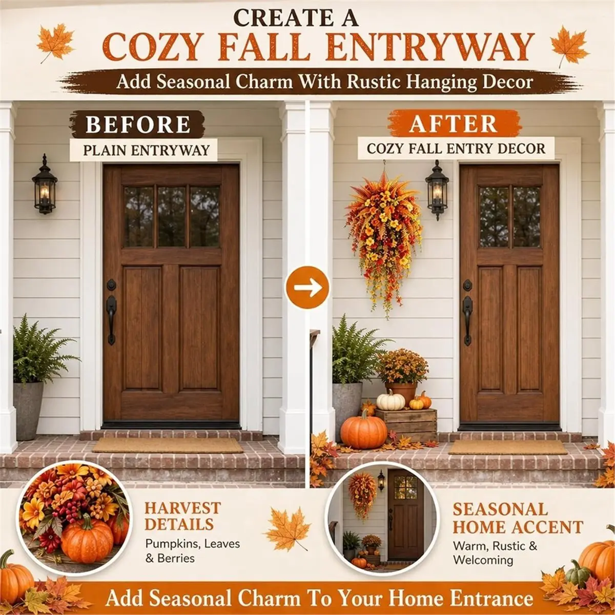 Artificial Fall Harvest Hanging Basket - Autumn Porch & Door Decoration, for Doors, Porches, Mantels, Garden & Weddings