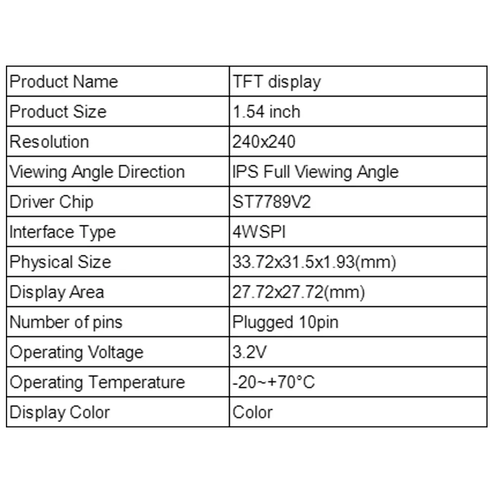 Módulo LCD de alta definição TFT, modelo plug-in, IPS Full View, ST7789V2 Driver Chip, 240x240, 10PIN, 1, 54 Polegada