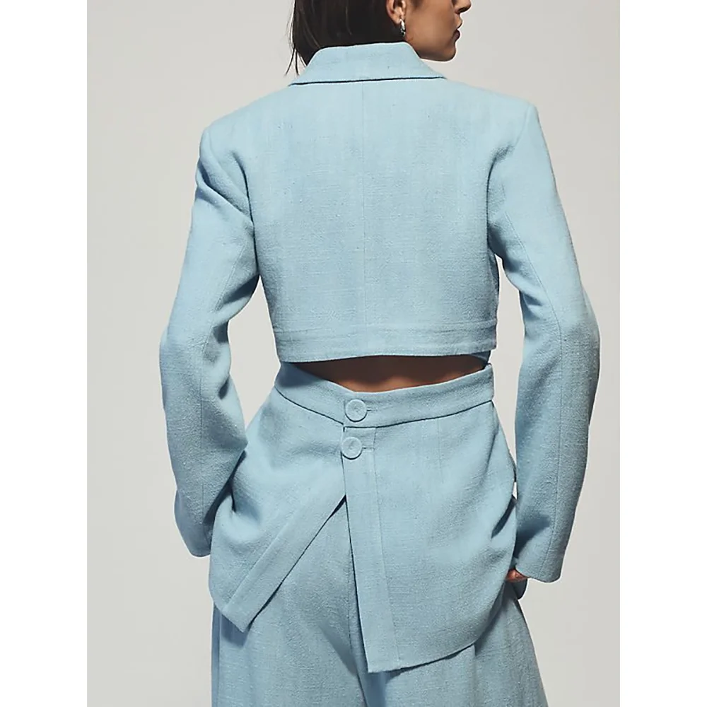 Loose Light Blue Peaked Lapel Woman 2 pcs Blazer+Trousers Chic Wide Leg Jeans Office Lady Casual Trip Party Sets