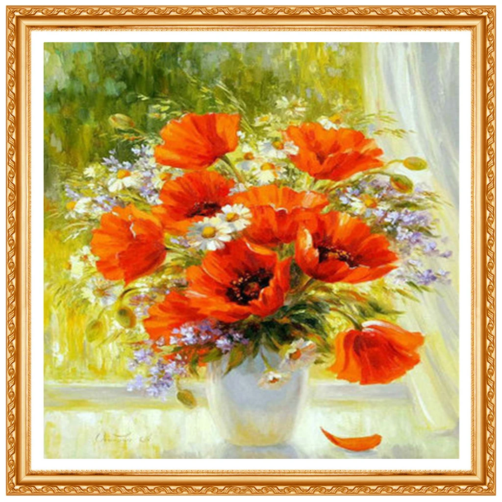 Windowsill Poppies 3d Diamond painting cross stitch Floral Rhinestone kits Square full  Diamond embroidery Home decor