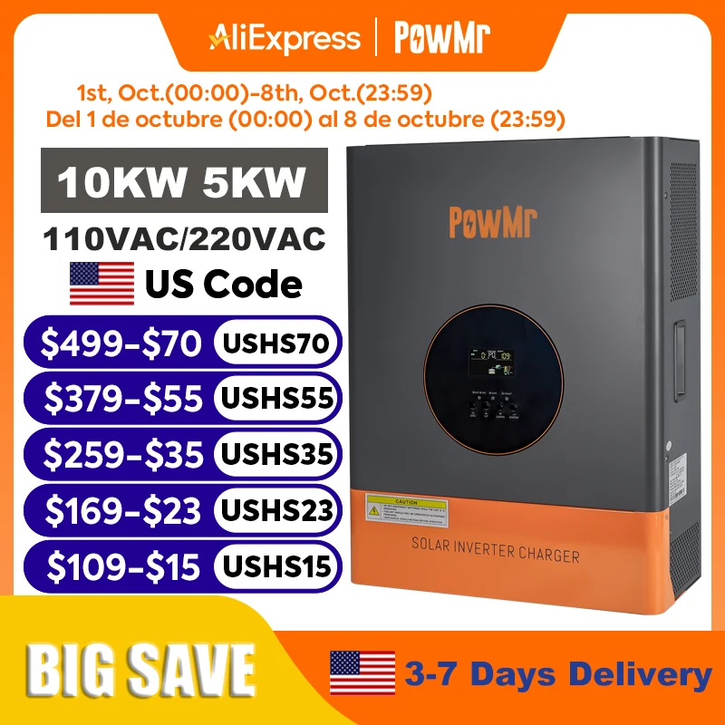 PowMr 10KW 5KW Split Phase Inverter 48V 110V or 220V Low Frequency Inverter Off Grid with MPPT 120A Solar Battery Charger Max PV 245V