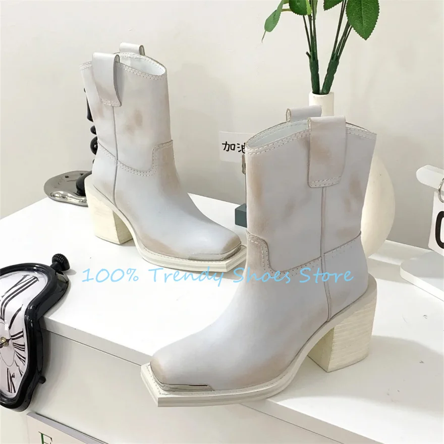 

British Style Metal Square Toe Chunky Heel Boots for Women Large Size High Heel Chelsea Boots Ladies Mid-Calf Boots Knigh Boots