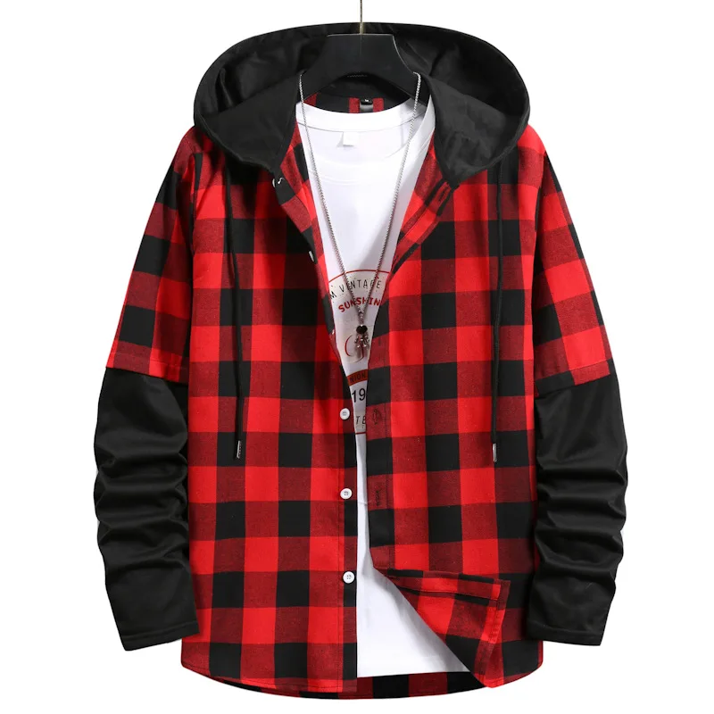 Men's Autumn New Fashion Plaid Patchwork Hooded Casual Shirt