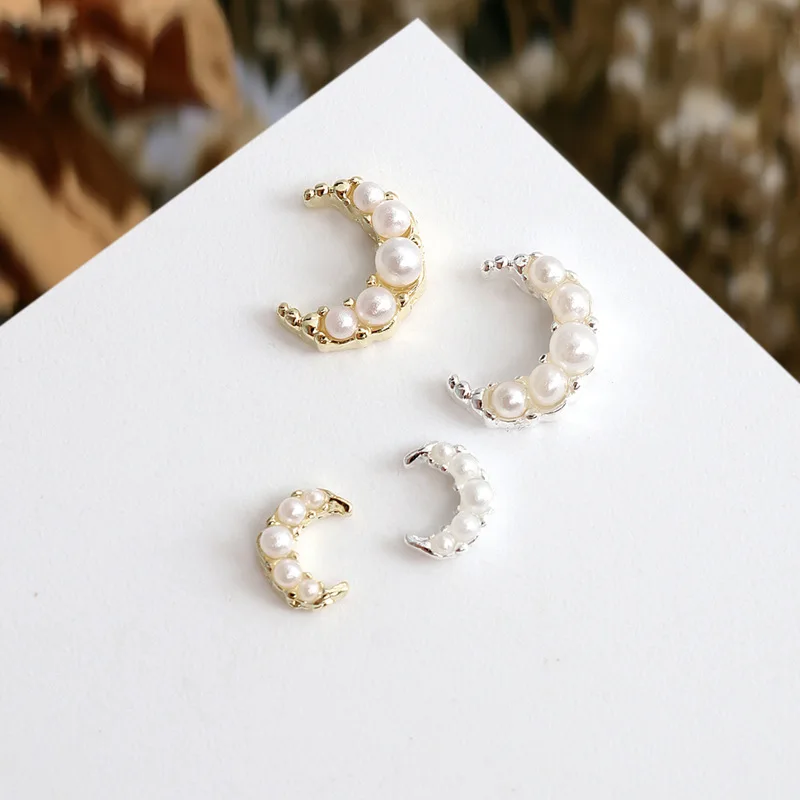 10PCS Japan AB White Diamond Pearl Inlaid Gold Silver Crescent Moon Alloy Nail Art Rhinestones Jewel Decorations Manicure Charms view 2
