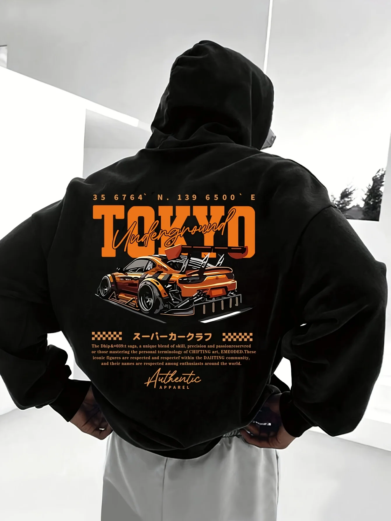 Herren-Hoodie im japanischen Stil mit Auto-Print für Herbst und Winter, vielseitiger, sportlicher, lässiger, locker geschnittener Pullover mit Kapuze. – Detail 5