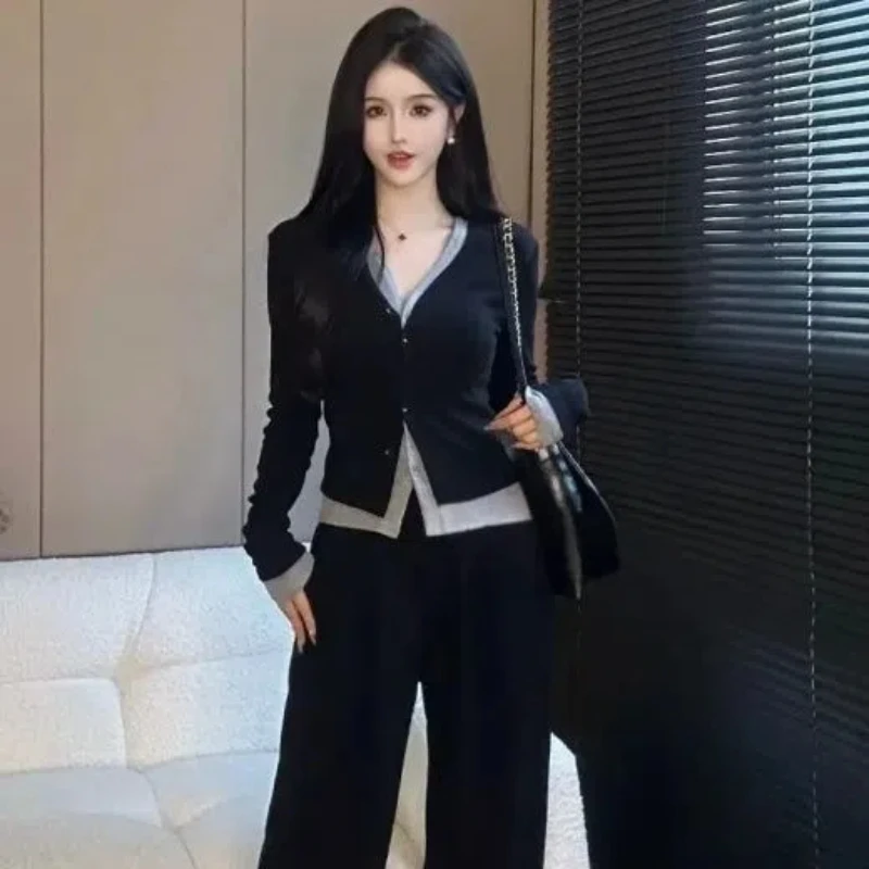 New Fashion Korean Style Design Suit Cardigan Top High Waist Slimming Wide Leg Pants Two-piece Set for Women