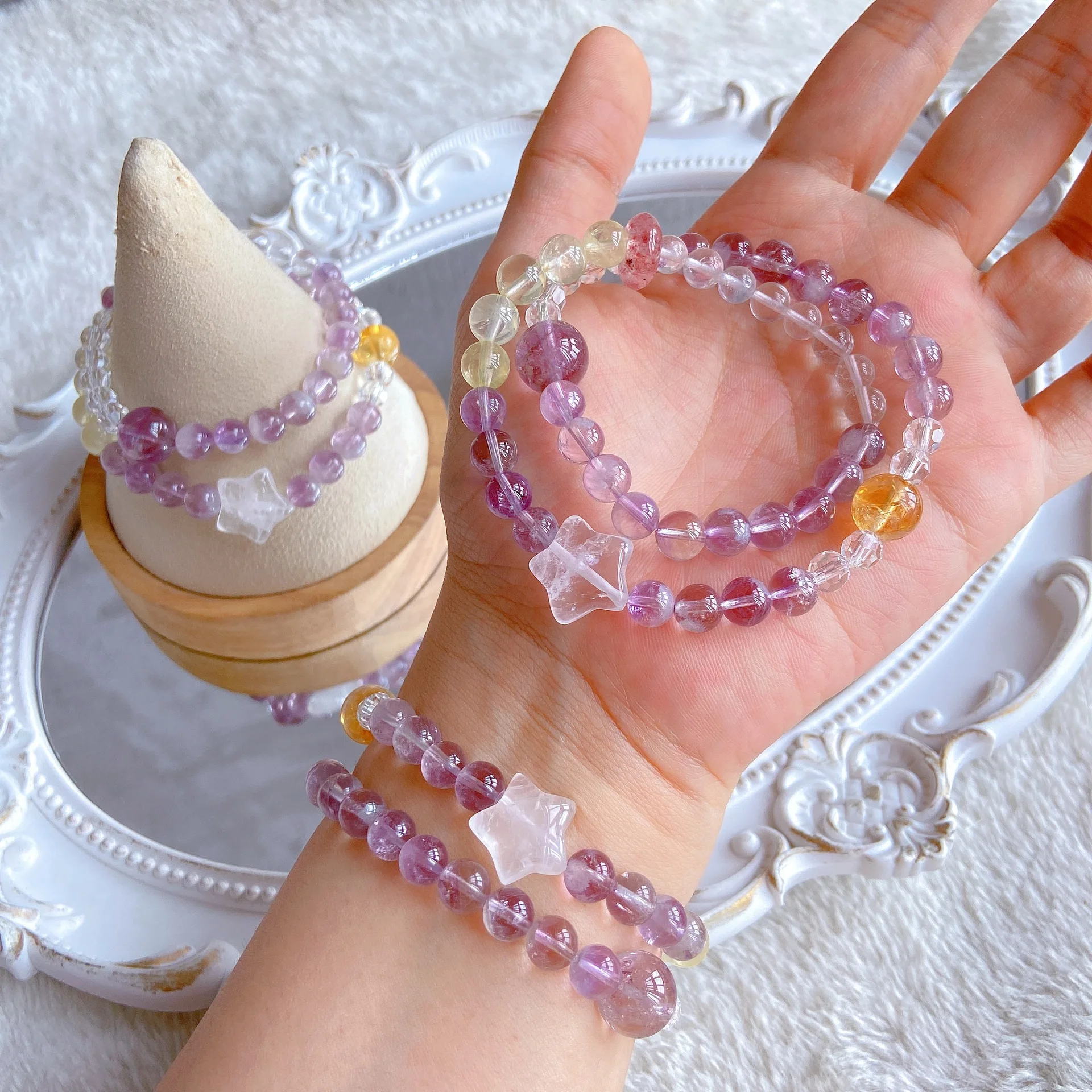 Chinese Style Lucky Fortune Blessing Natural Purple Rutilated Quartz Citrine Strawberry Quartz White Phantom Amethyst Double Lay