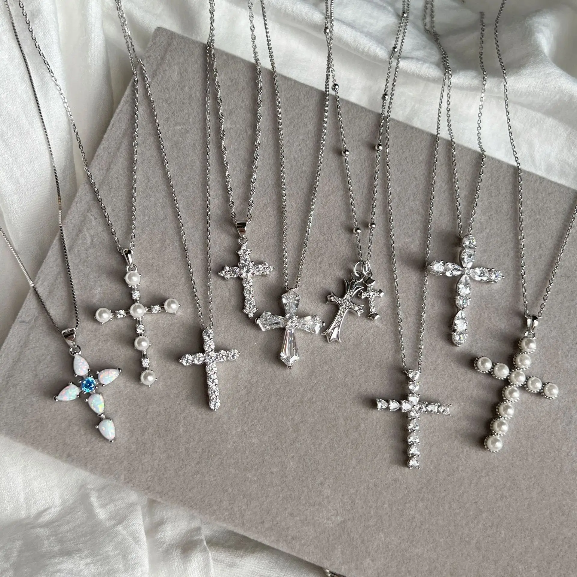 

EUREKA Hot Sale 925 Sterling Silver Charm Cross Pendant Crystal CZ Zircon Opal Necklace Christmas Gift Luxury Party Jewelry