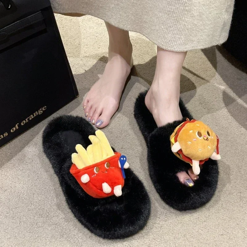 Burger French Fries Slippers Women 2024 Winter Indoor Home Warm Comfortable Cotton Shoes Outdoor Fashion Casual Shoes