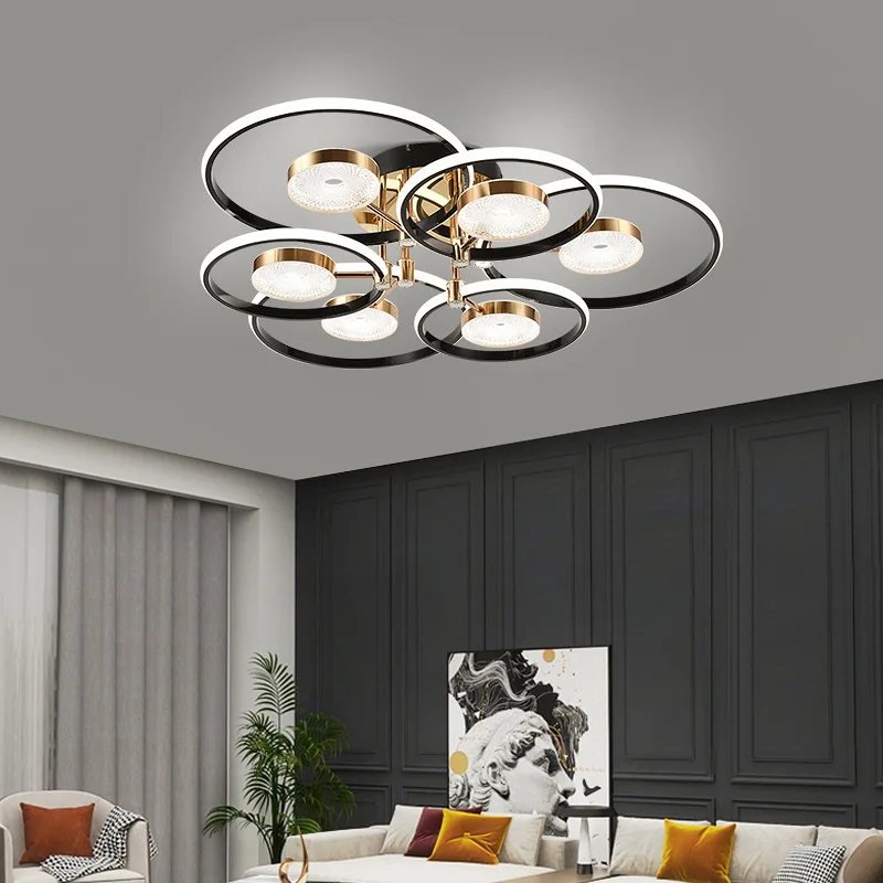 Nordic Living Room Villa Ceiling Light Dining Hall Bedroom Simple Chandelier Decoration Circular Lampshade LED Tri-Color Light