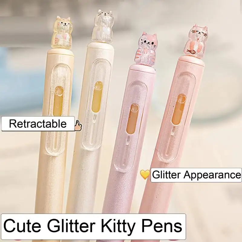 4pcs Kawaii Cat Retractable Gel Pens 0.5mm Fine Tip Smooth Writing For Office School Note Taking