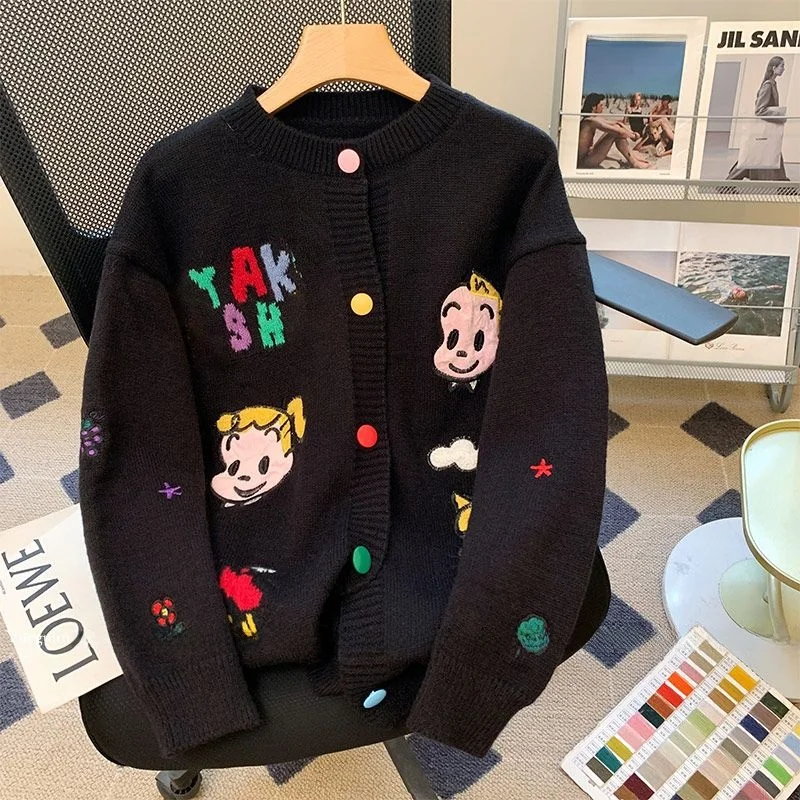 

American Retro Black Soft Lazy Style Women's Knitted Sweater Coat Autumn Winter Design Sense Top Long Sleeve round Neck