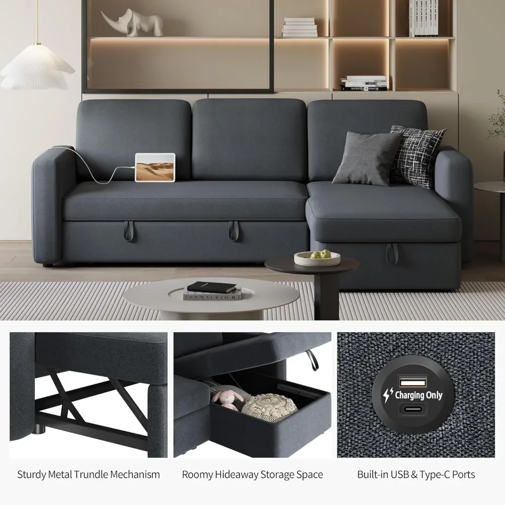 Sectional Sofa L-Shaped Sofa Couch Bed w/Chaise & USB, Reversible Couch Sleeper w/Pull Out Bed & Storage Space image 4