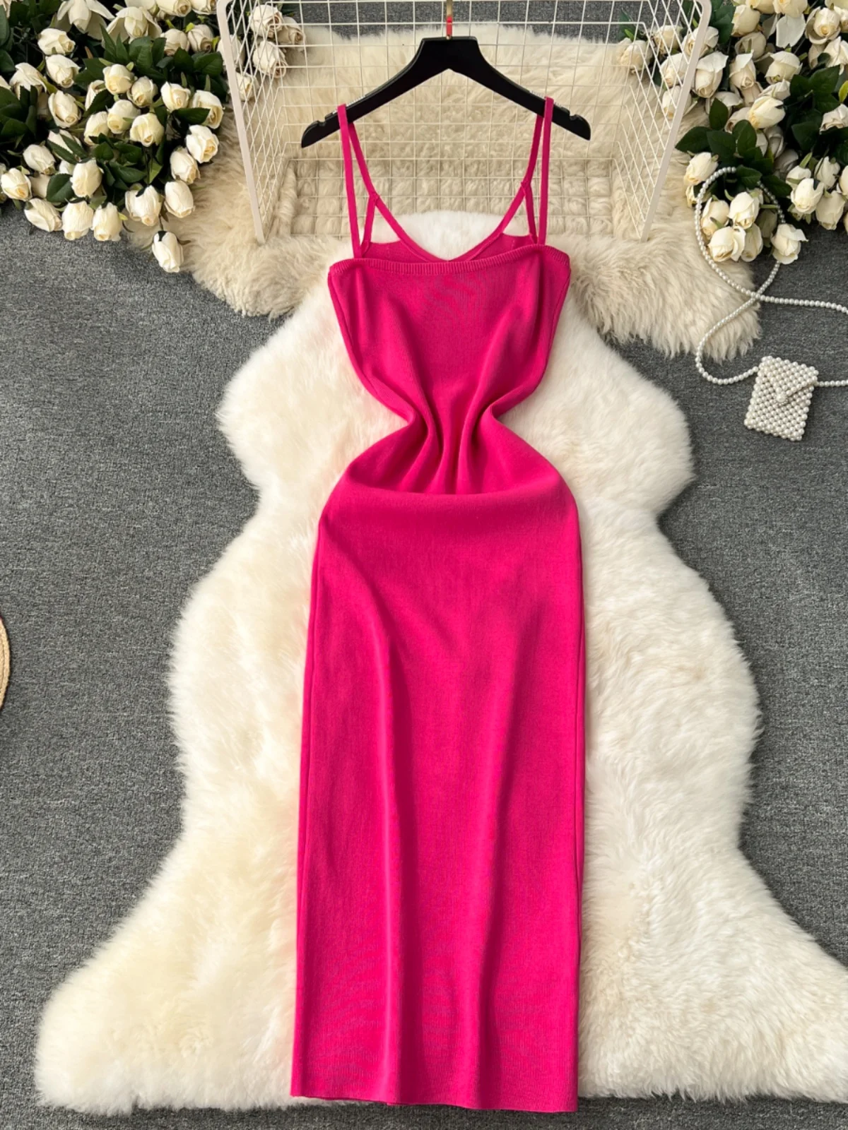 Foamlina Sexy Spaghetti Band Breien Jurk Vrouwen Elegante Effen V-hals Mouwloos Backless Front Split Bodycon Party Lange Jurk