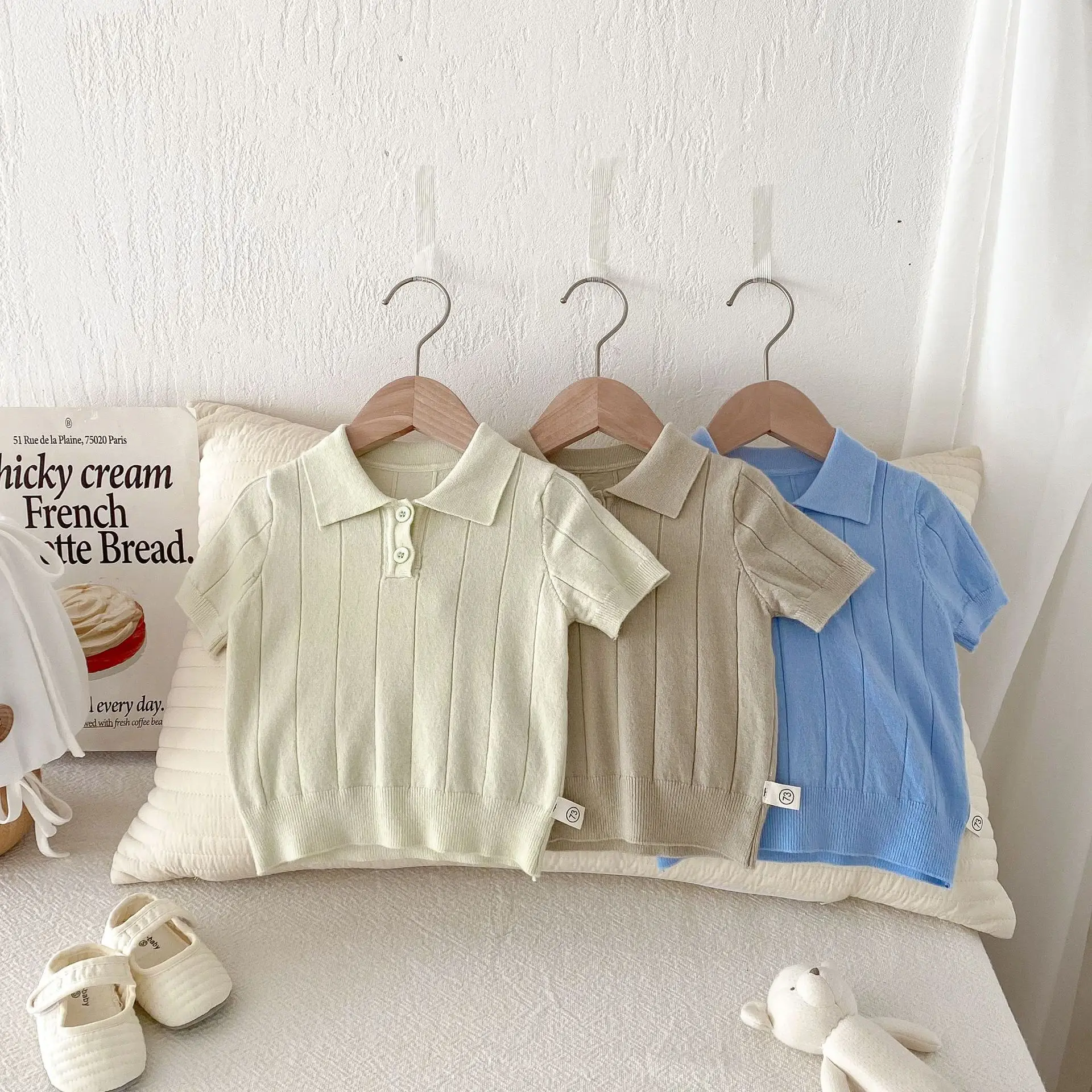 2025 Summer New Baby Short Sleeve Sweater Infant Boy Thin Casual Knitwear Solid Simple Toddler Girl Pullover Children Lapel Tops