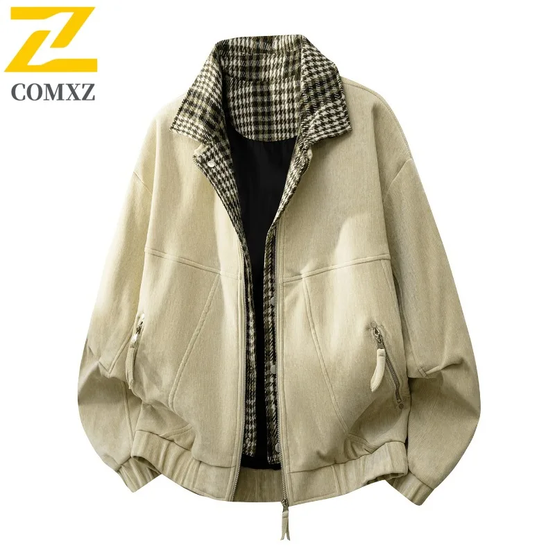 

COMXZ 2025 Two Tone Corduroy Fake Two Piece Casual outdoor Jacket Men Trend Plaid Turn Collar Coat Business Leisure Lightweight