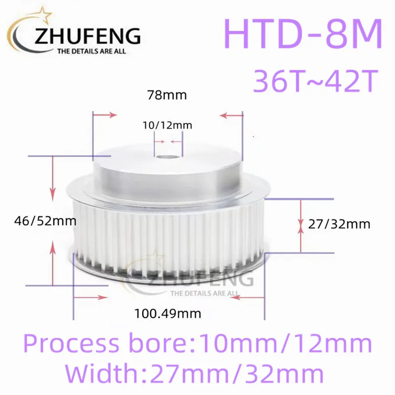 Padrão do Alufer da Polia do Sincronismo de Zhufeng Htd 8m Parte 8t 36t 37t 38t 39t 40t 42t Largura 27 32 mm Processo Furou 10 mm 12 mm o