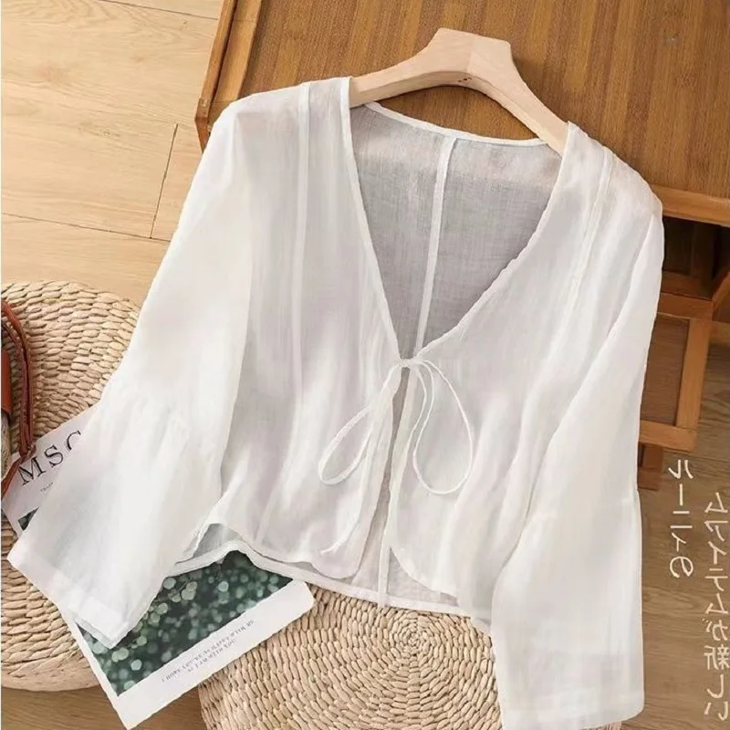 Gilet da donna in cotone e lino con scollo a V e lacci