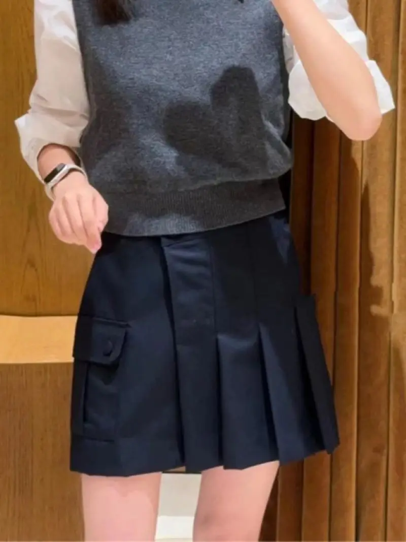 

Autumn 2024 Women's Navy Blue Mini Skirt Irregular Pleated High Waist A-Line Casual All-match Short Jupe