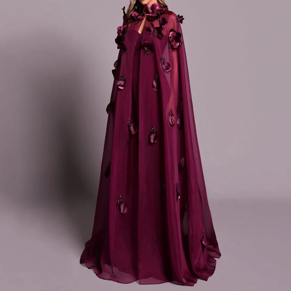 

Customized A-line Evening Dresses Floor-length High-neck Stole Sleeveless Prom Gown Fashion Flowers Sequined Draped Party Gown