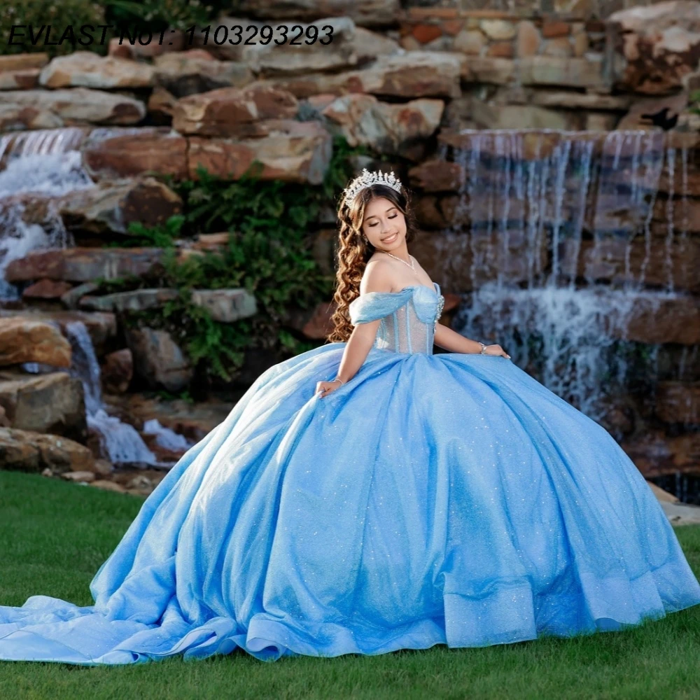 EVLAST Maßgeschneidertes glänzendes himmelblaues Ballkleid-Quinceanera-Kleid mit glitzernden Applikationen und Perlen, Kristall, Sweet 16, Vestidos de 15 Anos E1Q916